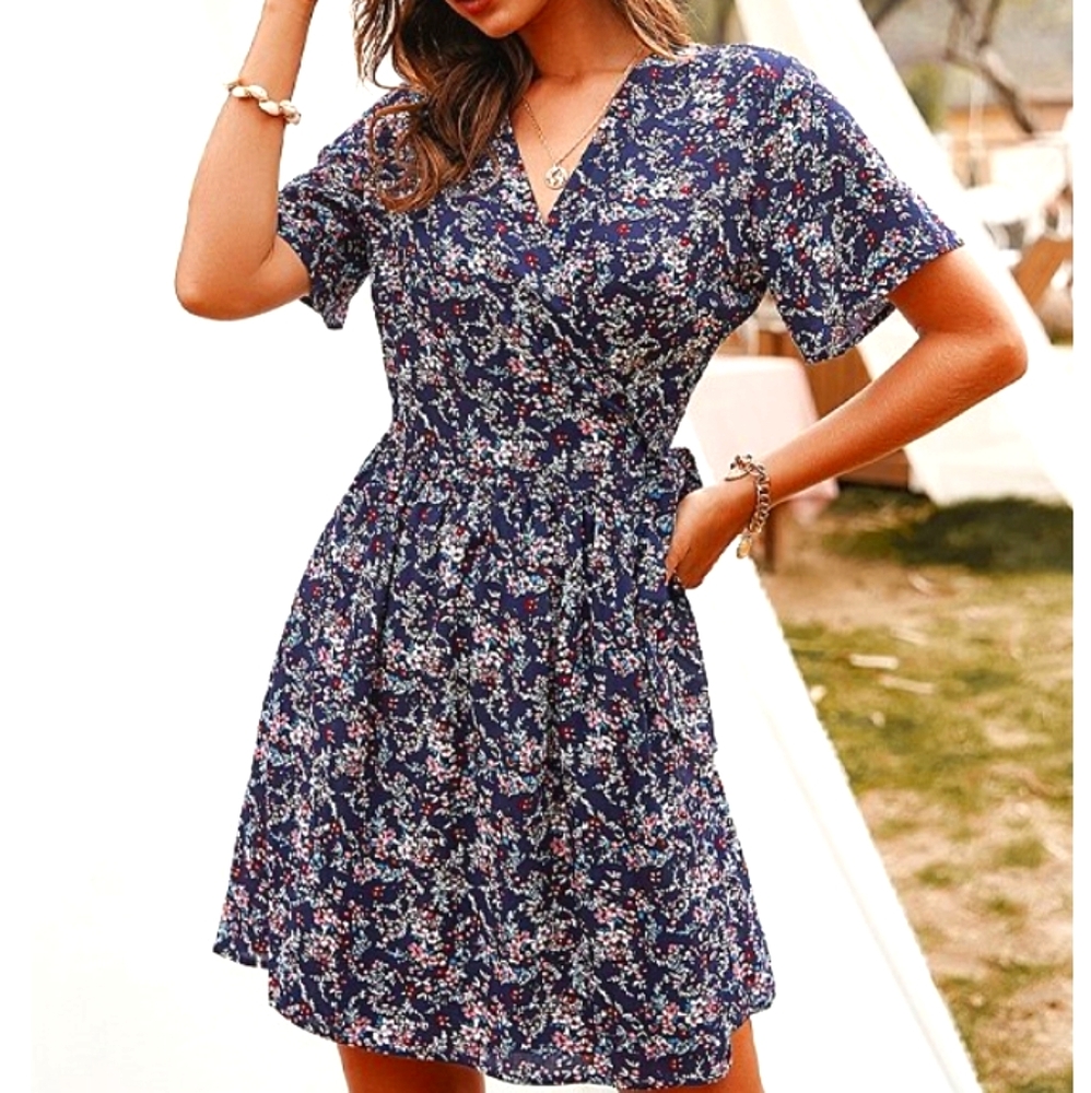 Navy Blue Floral Wrap Dress